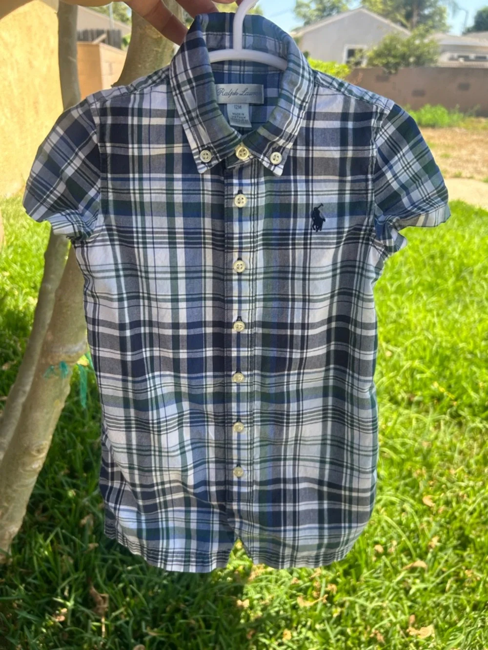 Ralph Lauren Navy, White & Green Plaid Short-Sleeve Romper